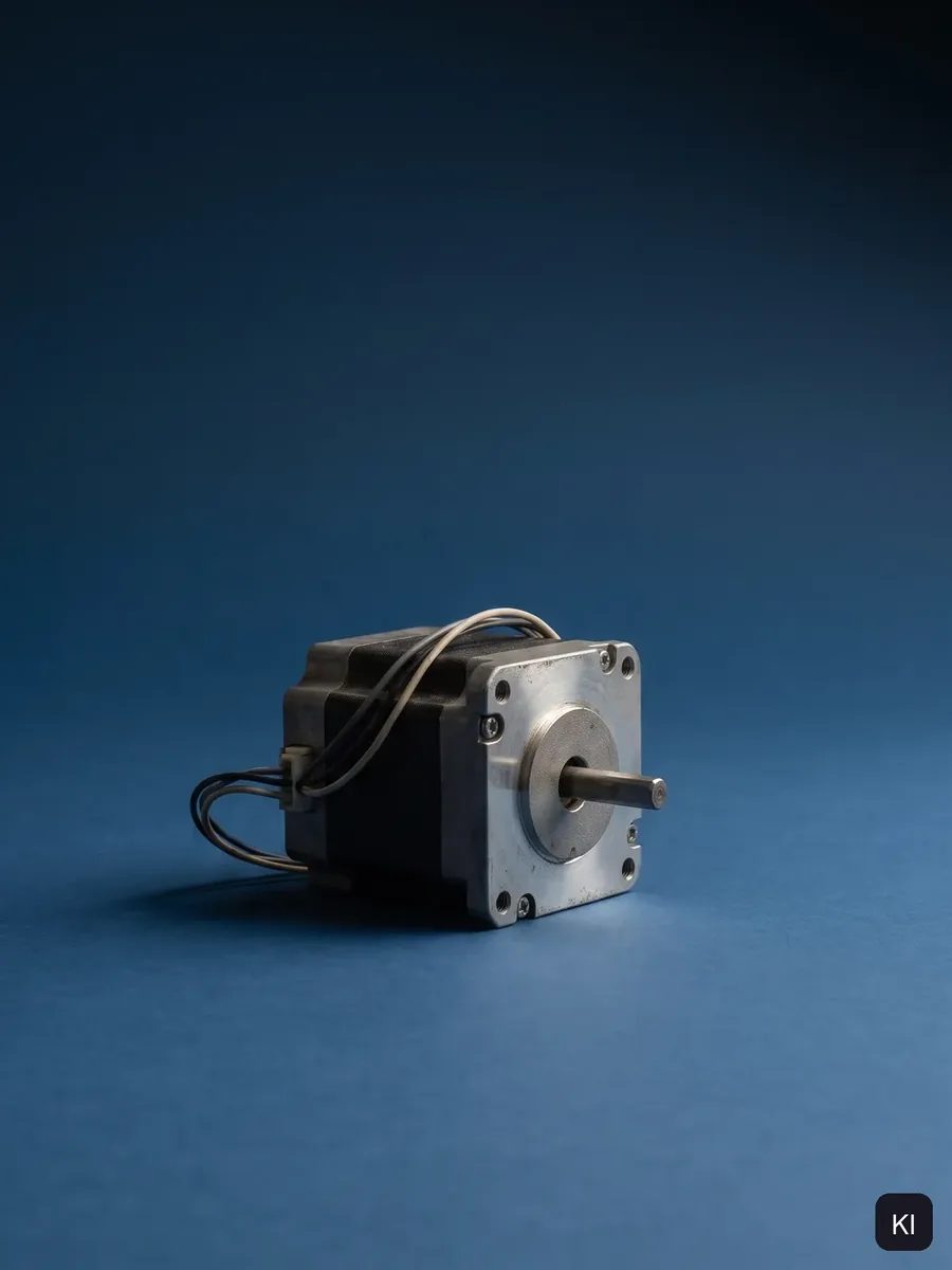 Einzelner Schrittmotor mit Anschlusskabel auf blauer Fläche
