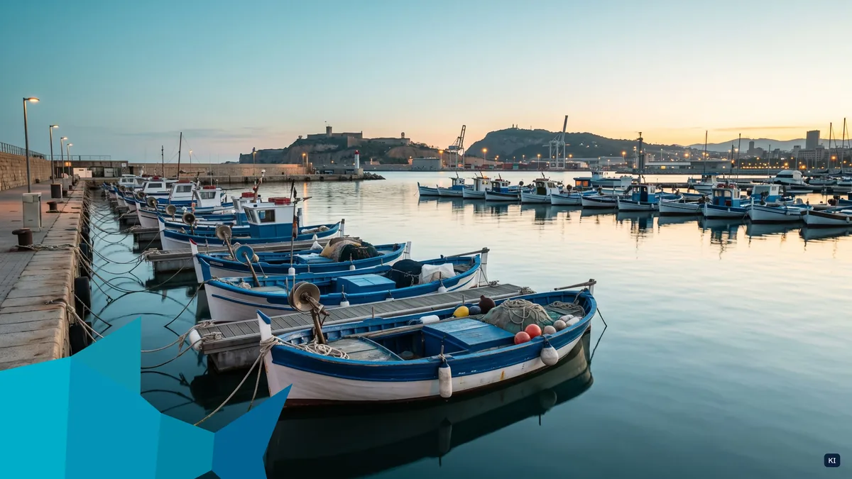 Hafen von Barcelona mit Origami-Fisch, KI-Bild