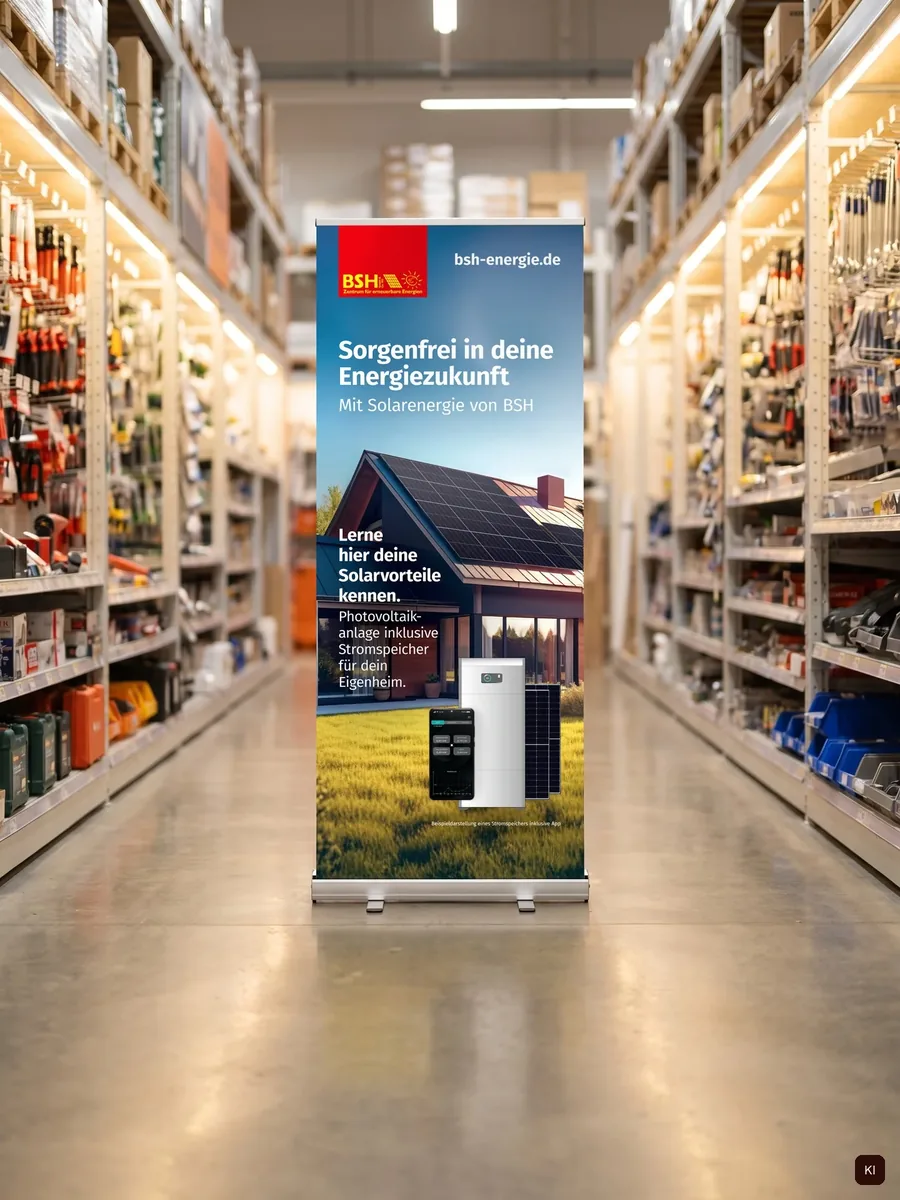 Visualisierung des Rollups Sorgenfrei in deine Energiezukunft in einem Marktgang
