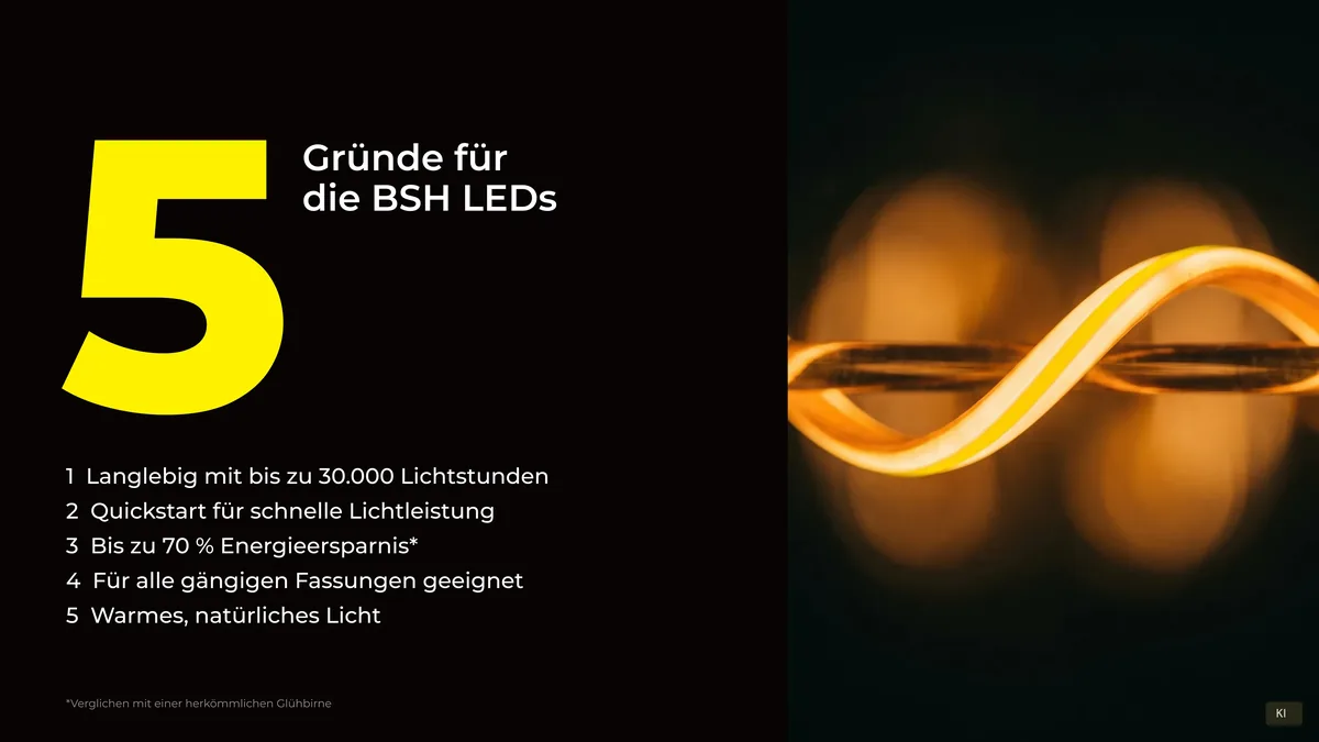 Die fünf Gründe für die BSH LEDs mit großer gelber Fünf, daneben ein leuchtendes Lichtband; Bild KI-unterstützt
