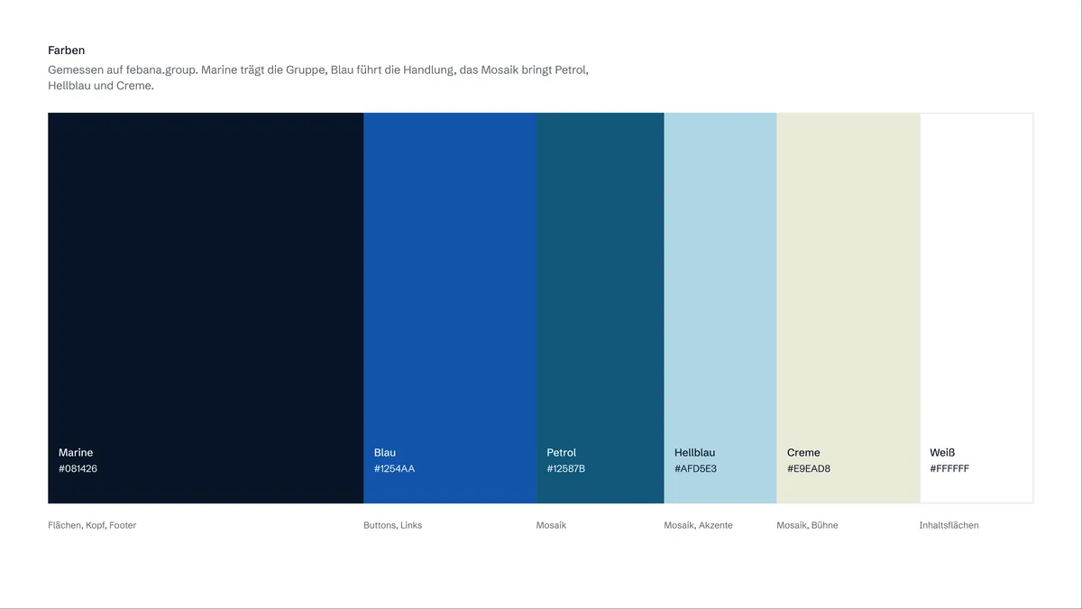 Farbpalette der Gruppenwebsite: Marine, Blau, Petrol, Hellblau, Creme und Weiß mit Hex-Werten