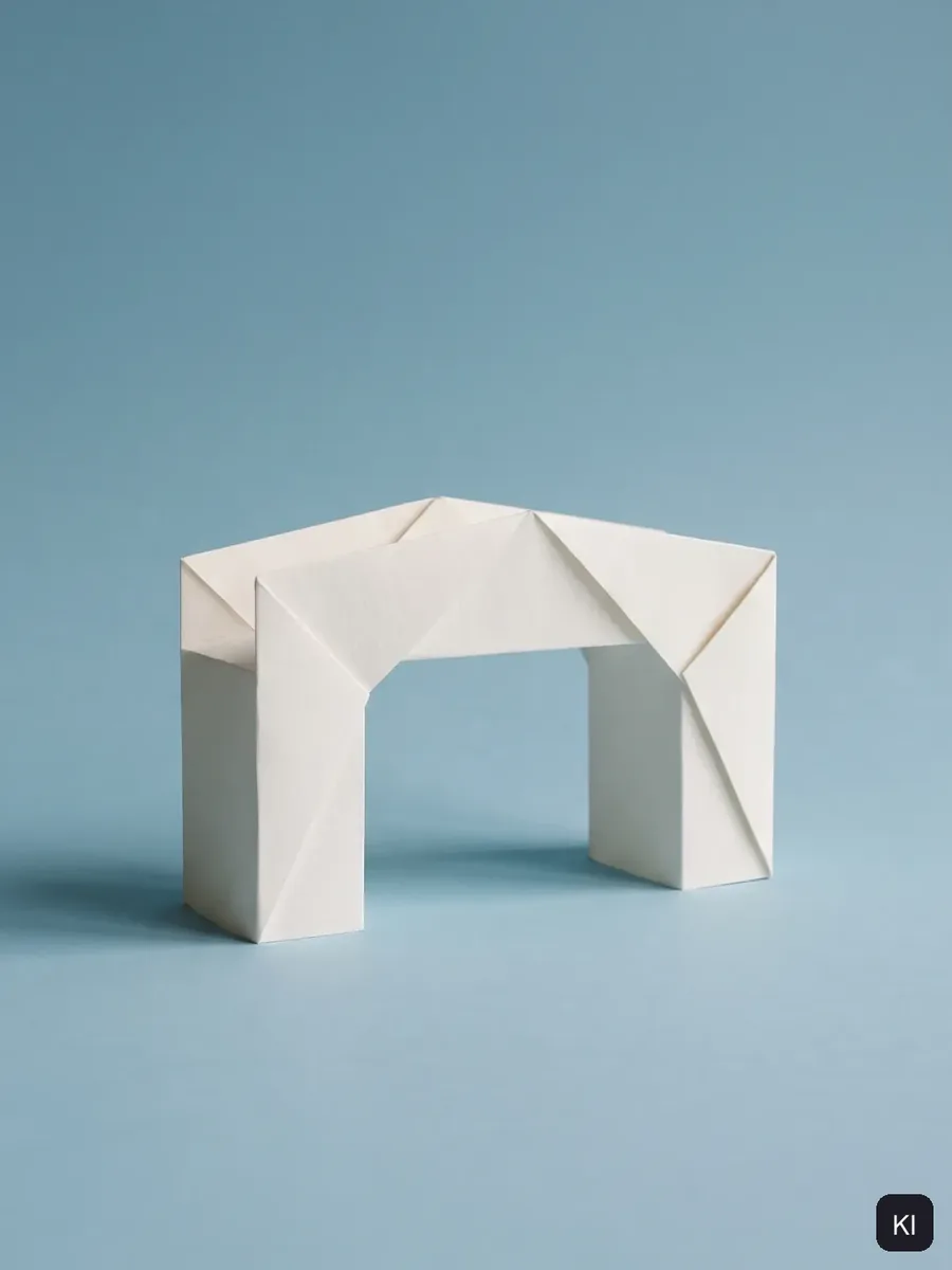 Aus weißem Papier gefaltete Brücke auf blaugrauem Grund, KI-Bild