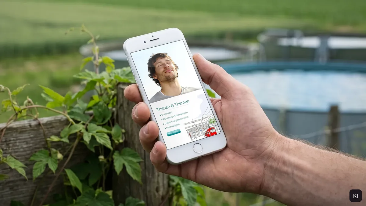 Hand hält ein Smartphone mit der mobilen Website vor einem Becken (KI-Bild mit echtem Screen)