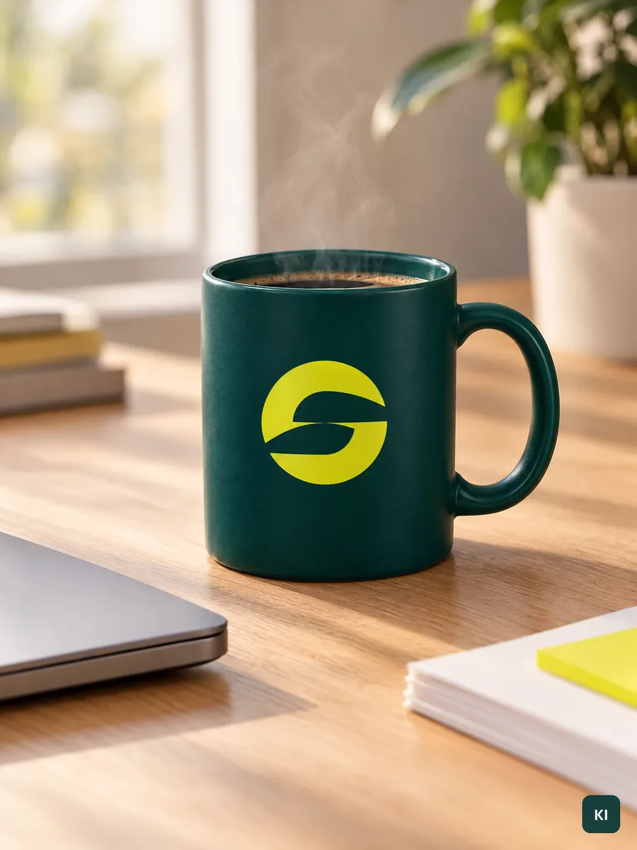 Becher in Petrol mit Bildmarke in Lemon auf einem Schreibtisch neben Laptop und Notizblock (KI-Visualisierung, Weiterbau)