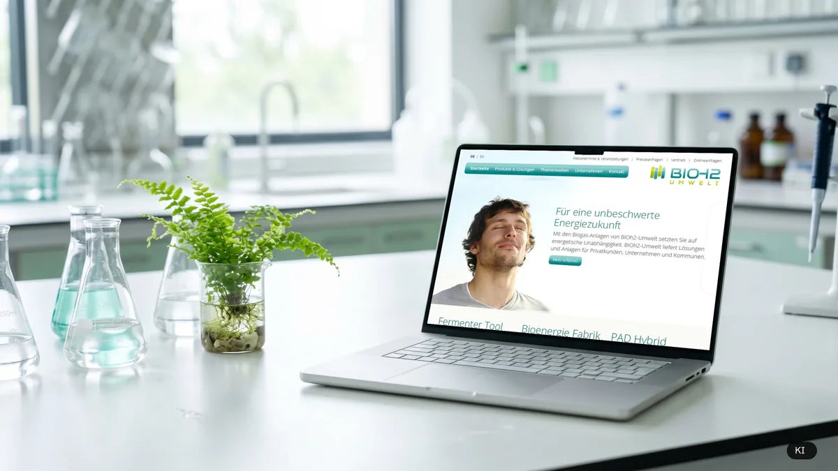 Laptop mit der Startseite der BIOH2-Umwelt-Website auf einem Labortisch (KI-Bild mit echtem Screen)