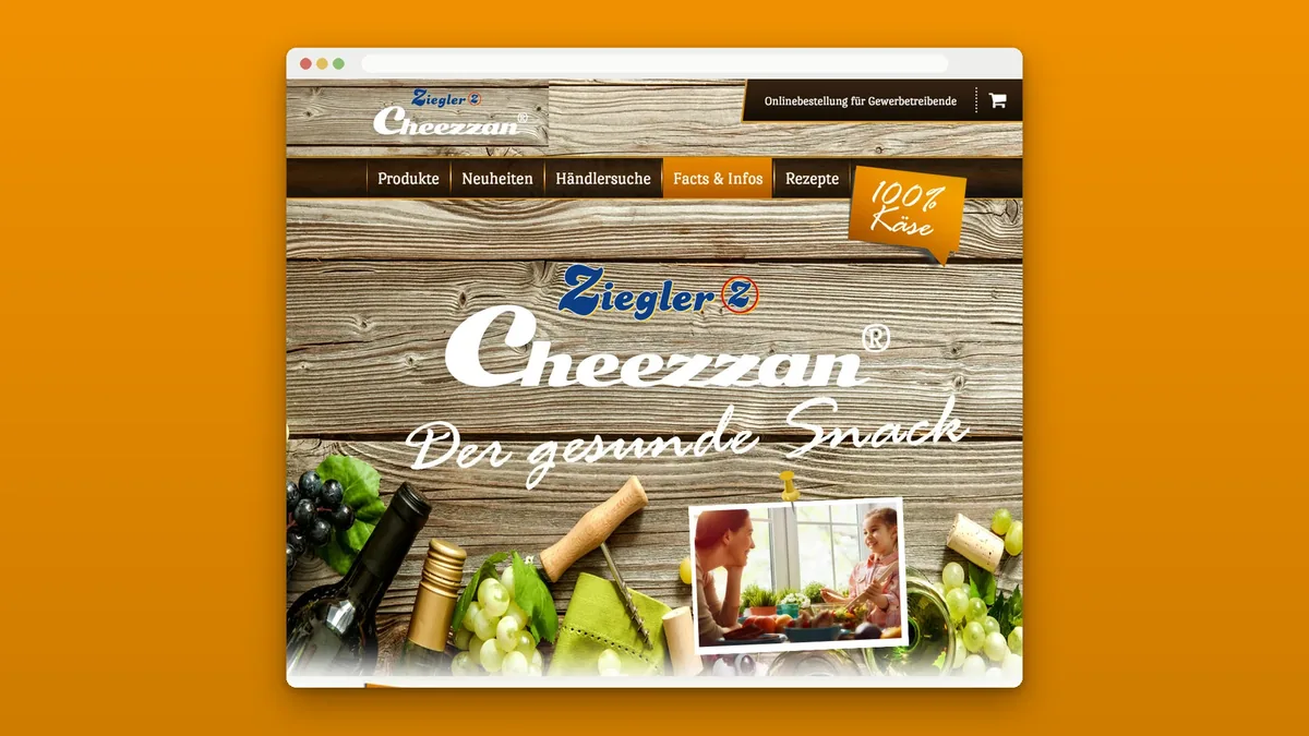 Seite Facts und Infos im Browserfenster auf Orange: Logo groß auf Altholz, darunter die Zeile Der gesunde Snack