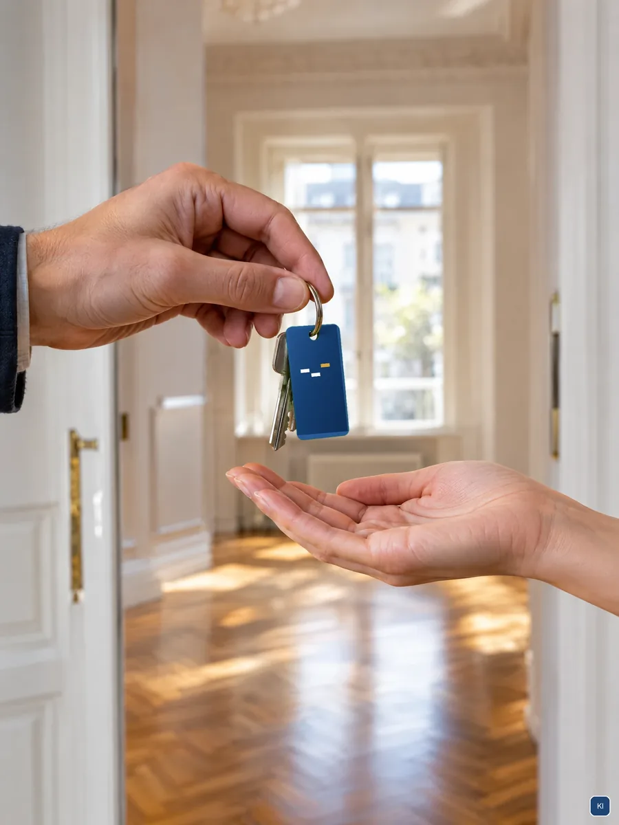 Eine Hand übergibt Wohnungsschlüssel mit marineblauem Anhänger und Balkenmarke. KI-Szene, Marke eingesetzt.