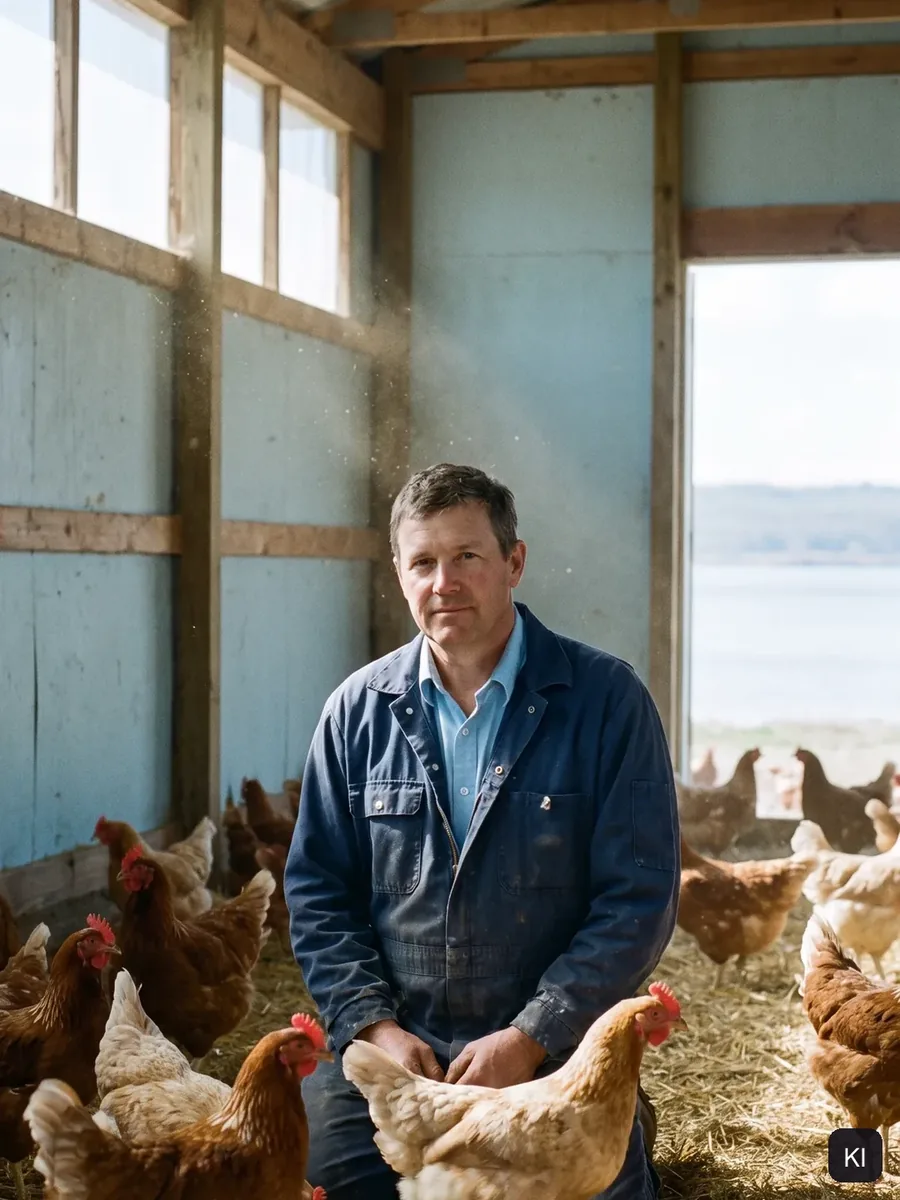 Landwirt kniet zwischen Hühnern im Stall, KI-Bild