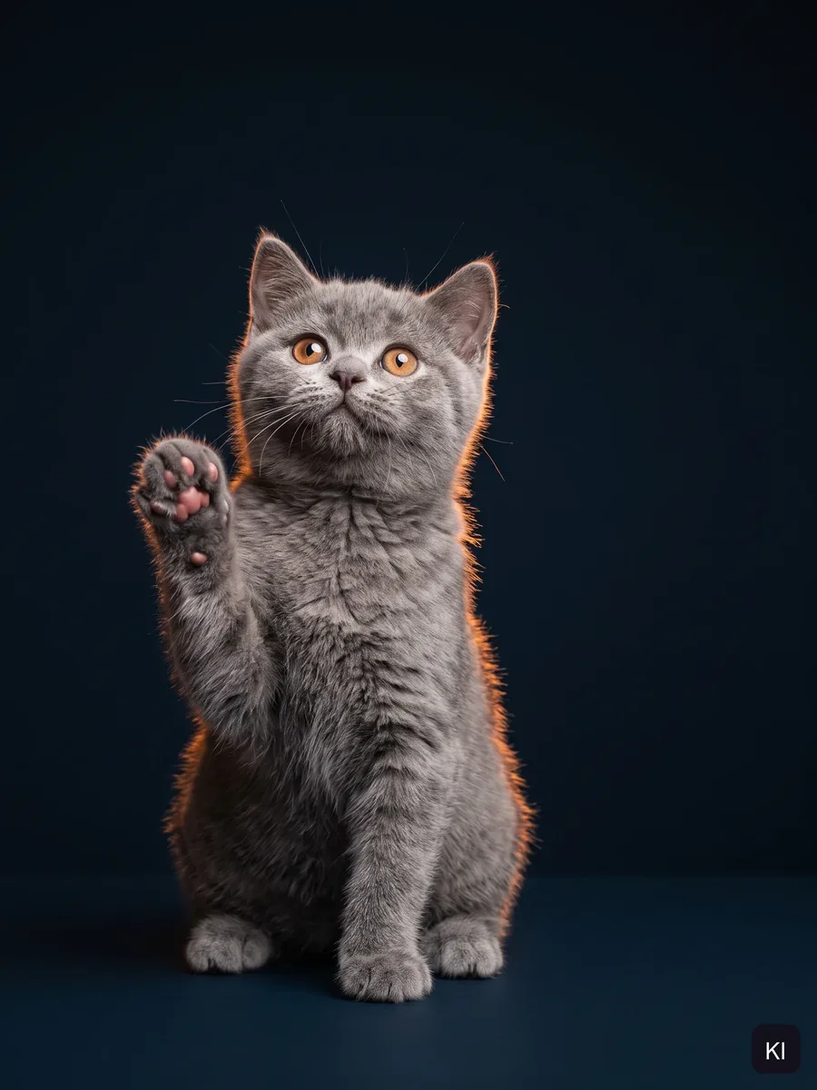 KI-Bild: Graue Kitten hebt die Pfote vor nachtblauem Hintergrund