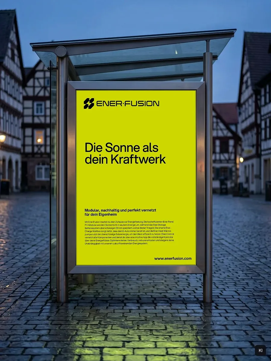 Plakat »Die Sonne als dein Kraftwerk« in einer Wartehalle in einer Altstadt mit Fachwerkhäusern, Nieselregen, nasses Pflaster. KI-unterstützte Visualisierung, Plakat echt eingesetzt.