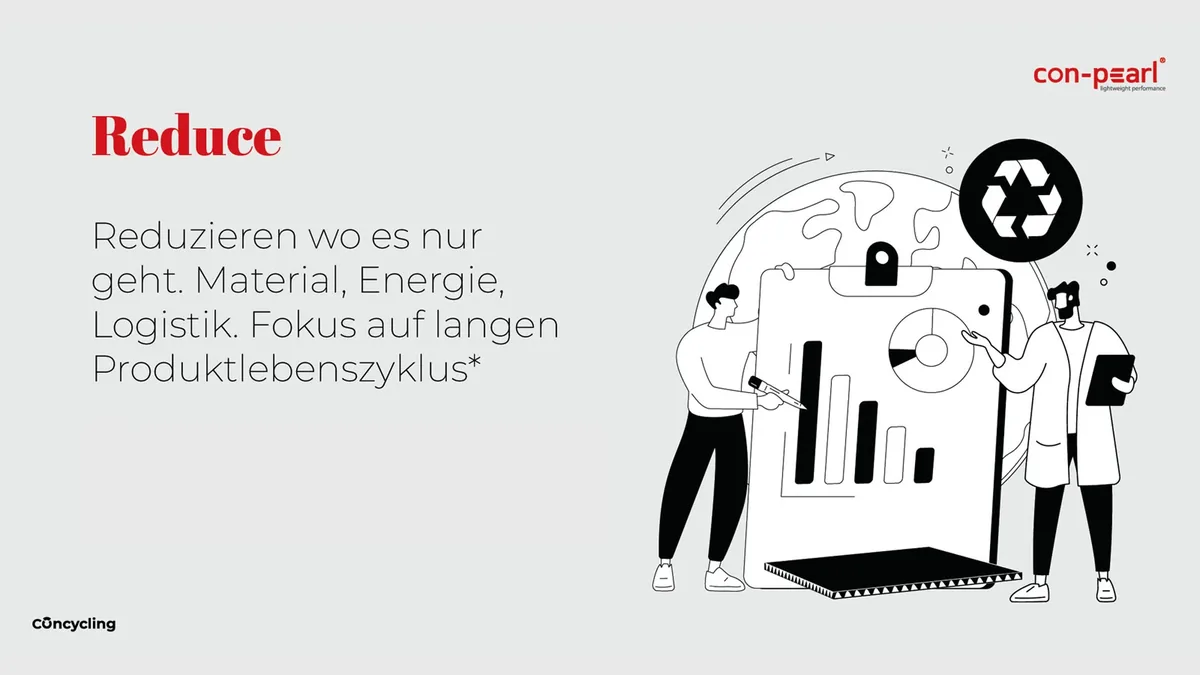 Dokumentationsseite Reduce: Material, Energie und Logistik reduzieren, Fokus auf langen Produktlebenszyklus, Strichillustration mit Diagramm