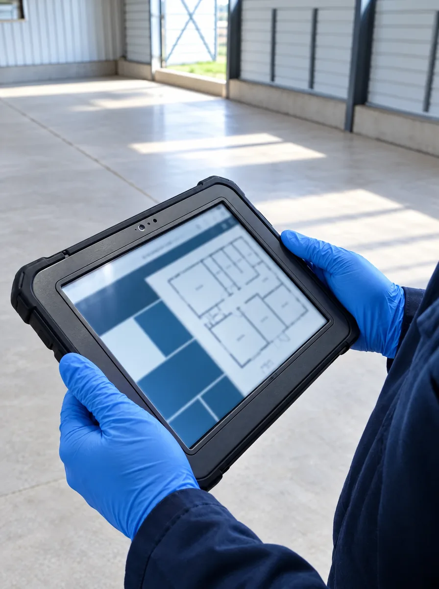 Tablet mit Stallgrundriss in Händen mit frischen Nitrilhandschuhen, frisch gereinigter Stallgang (KI-Szene, gekennzeichnet)