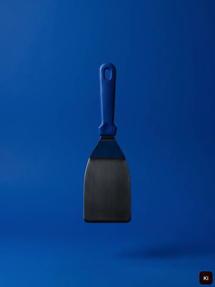 Spachtel mit blauem Griff schwebt vor kobaltblauem Grund (KI-Bild)