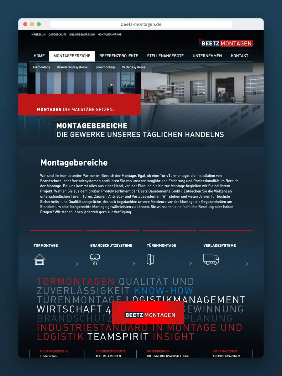 Website beetz-montagen.de, Seite Montagebereiche mit Header, Einleitungstext und den vier Bereichs-Icons