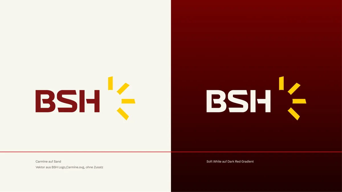 BSH-Logo in Carmine auf Sand und in Soft White auf Dunkelrot