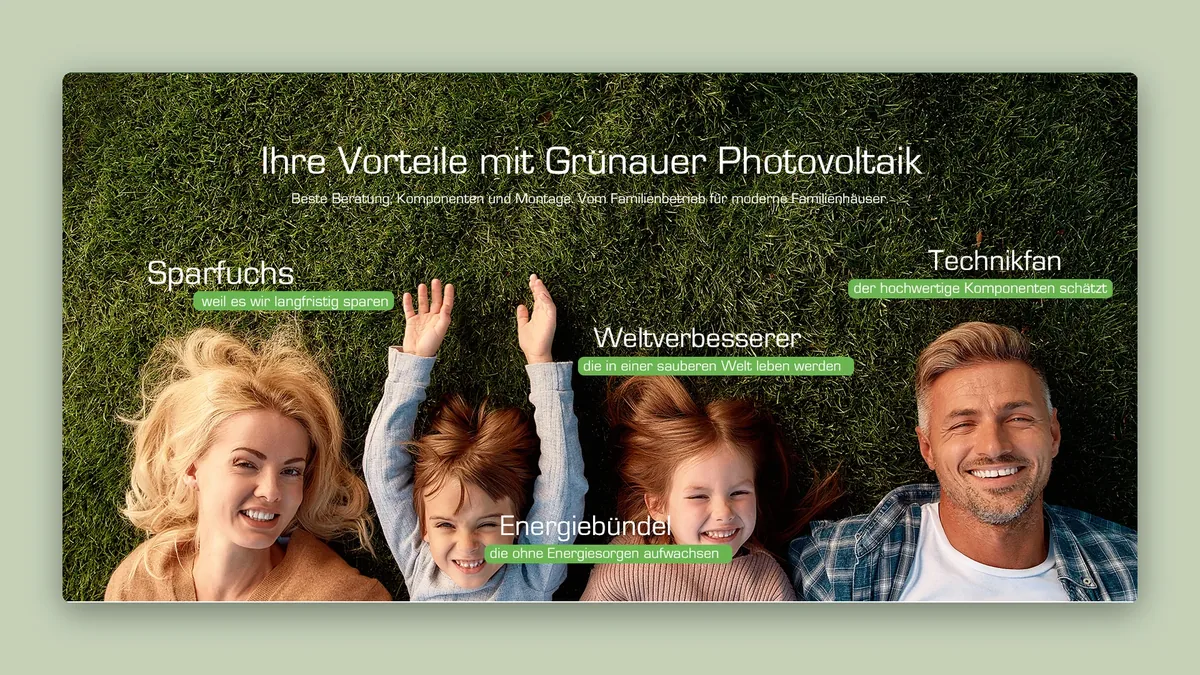 Website-Ausschnitt Ihre Vorteile mit den vier Personas Sparfuchs, Technikfan, Weltverbesserer und Energiebündel