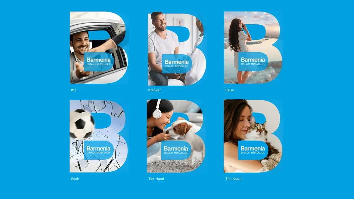 Bildstil: sechs Fotos der Sparten Kfz, Kranken, Reise, Sach, Hund und Katze in B-Bildmasken auf Blau, je mit Barmenia-Logo-Box