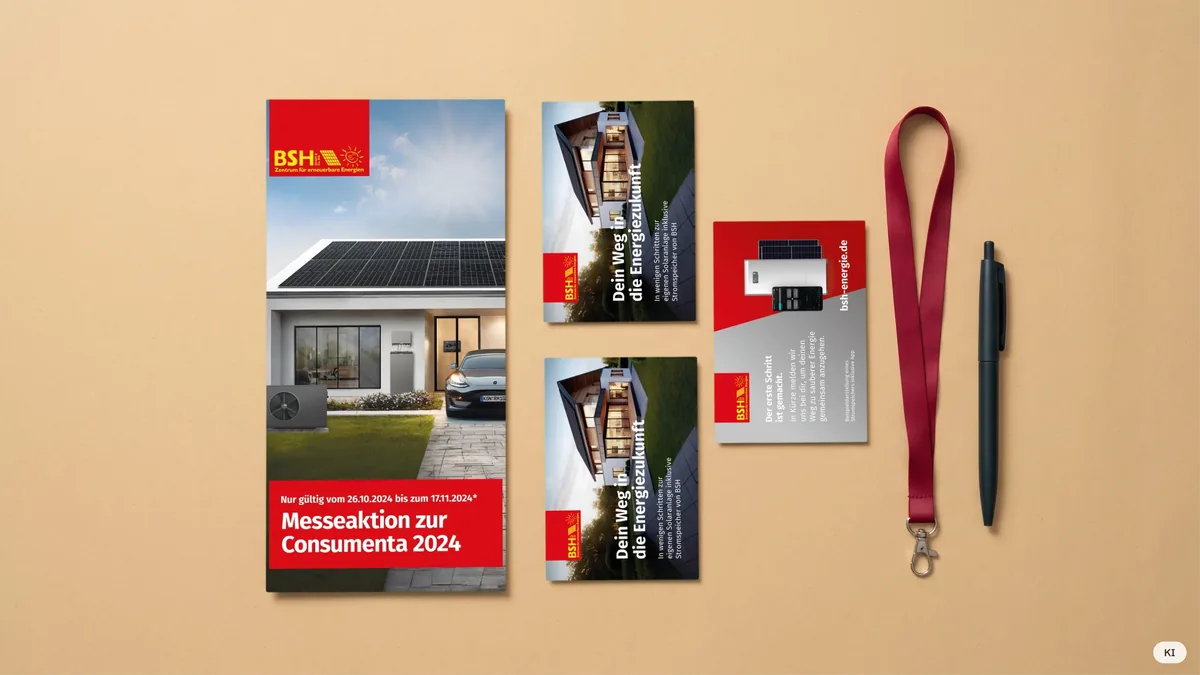 KI-Visualisierung: Consumenta-Flyer und DIN-A7-Karten aus dem Handel auf Sandfläche mit rotem Lanyard