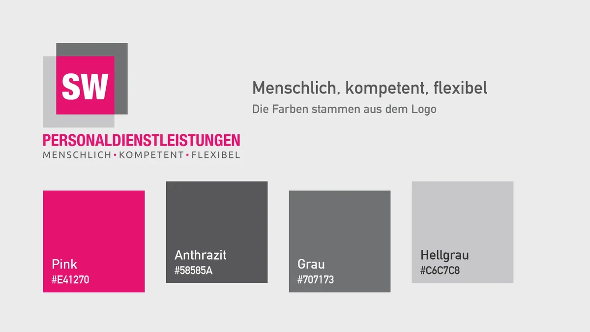 Farbwelt der Marke: Logo, Pink E41270, Anthrazit 58585A, Grau 707173 und Hellgrau C6C7C8