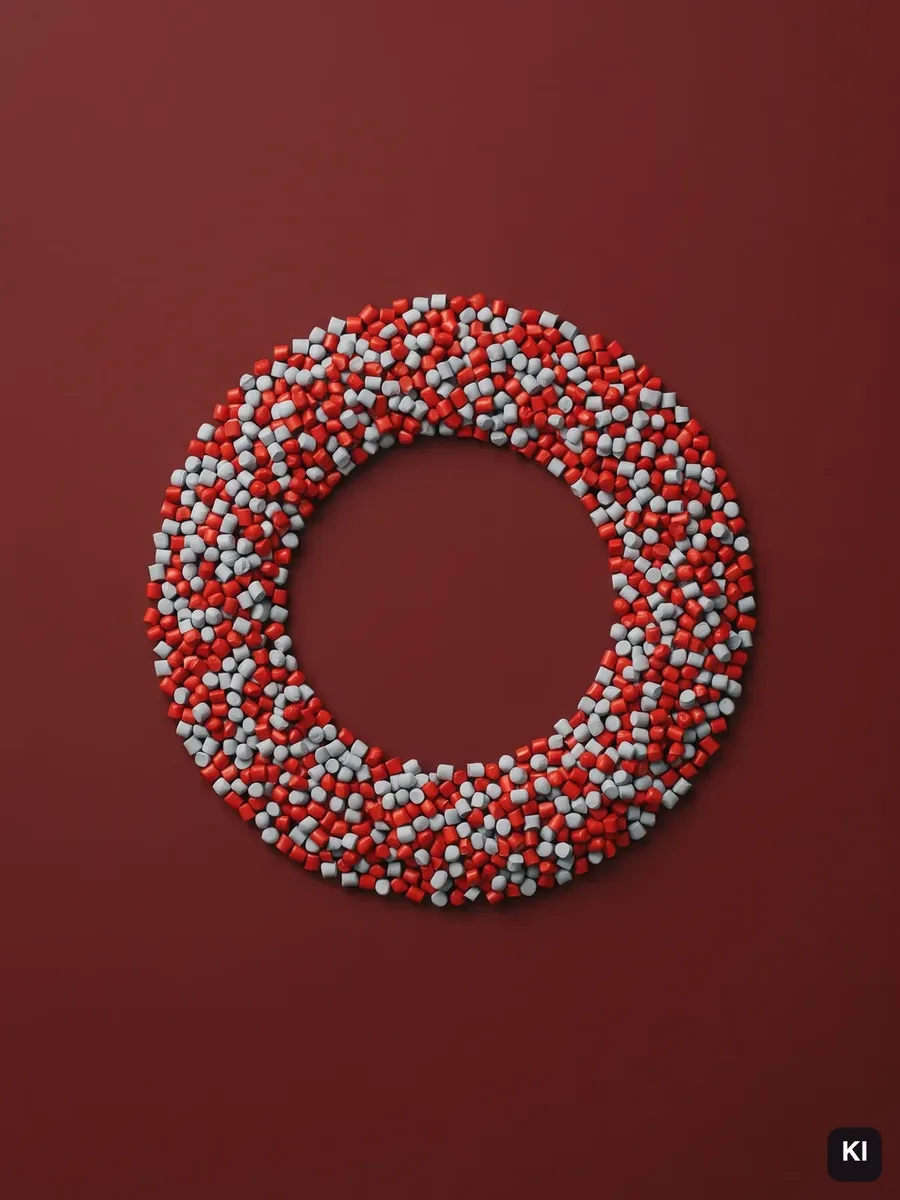 Ring aus grauen und roten Granulaten auf dunkelrotem Grund (KI-Visualisierung)