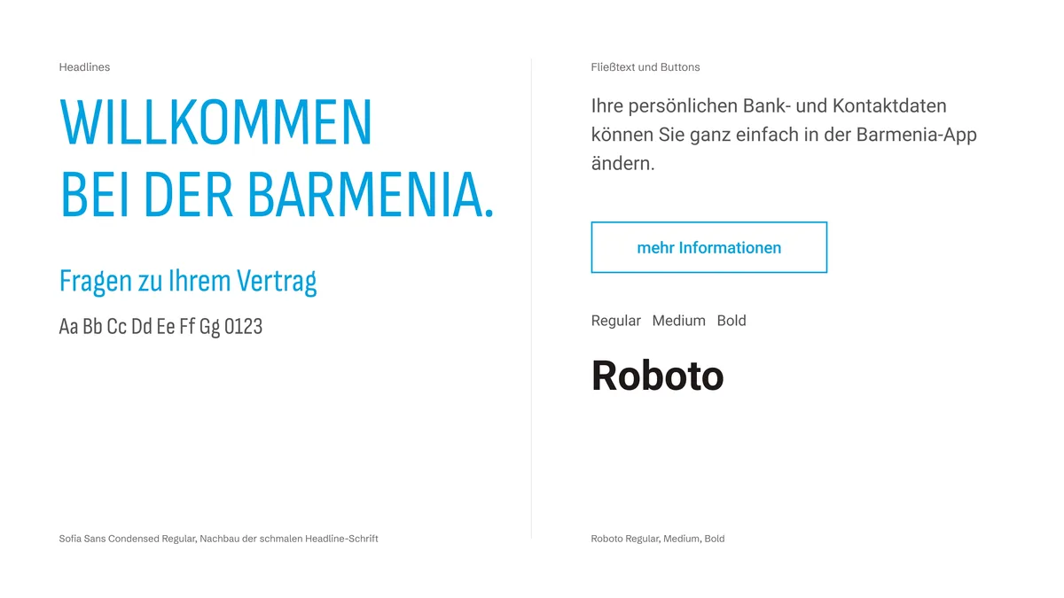 Schriftmuster: schmale Headline-Schrift in Blau, daneben Fließtext, Button und Roboto in drei Schnitten