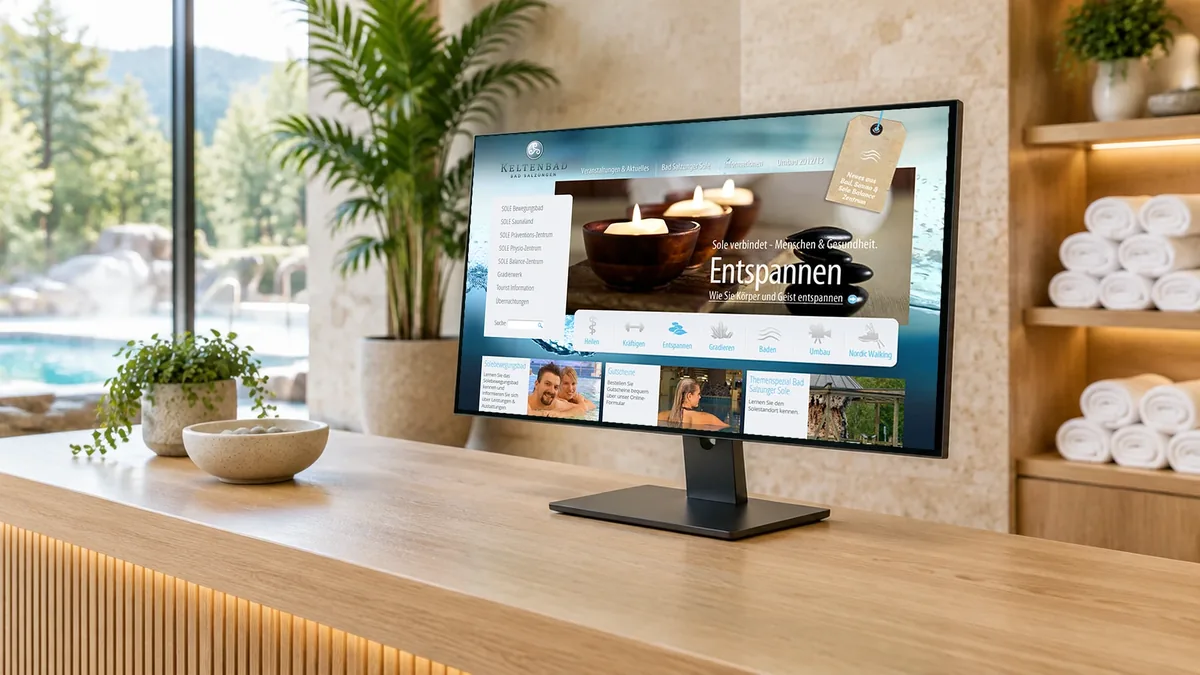Keltenbad-Startseite auf einem Breitbildmonitor am Empfangstresen einer Therme, KI-Szene mit echtem Screen, sauberes Compositing