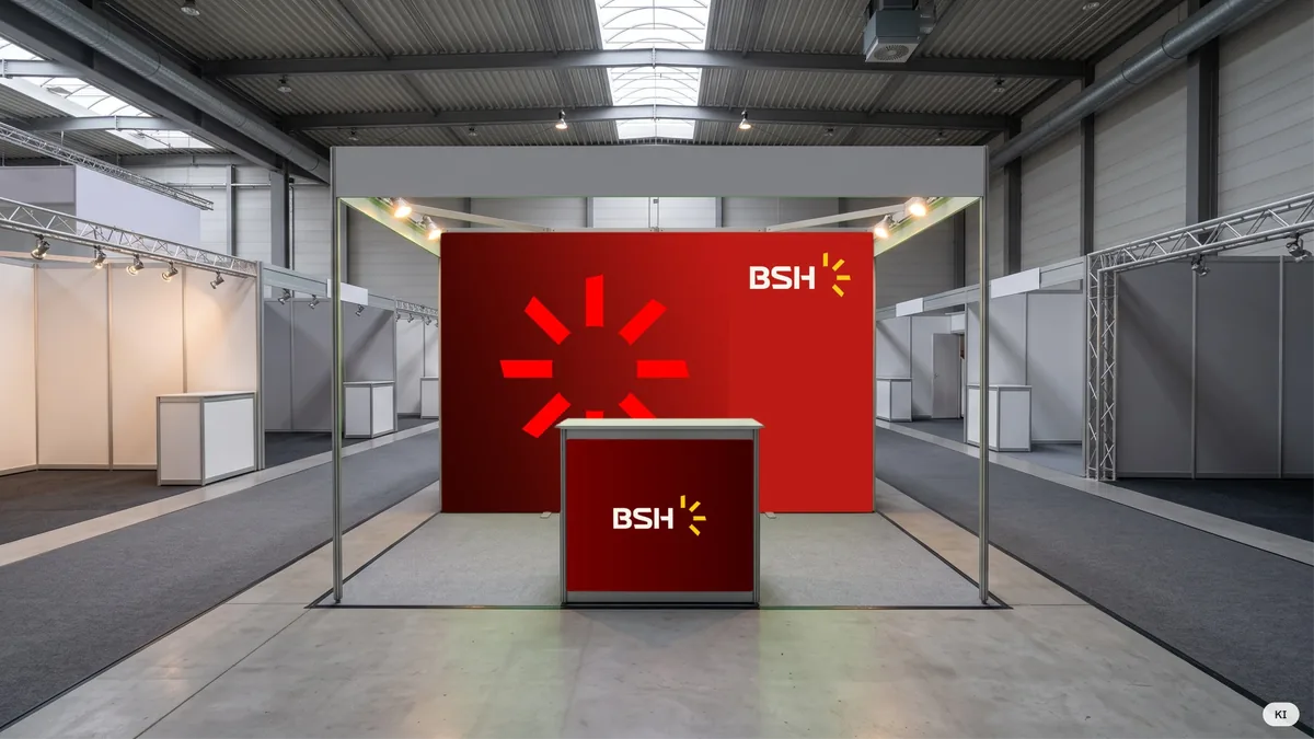 KI-Visualisierung: kompakter BSH-Stand in einer Messehalle vor Öffnung, Rückwand aus den echten Wanddrucken 2025 mit Sonnenstrahlen und Logo, davor ein roter Counter