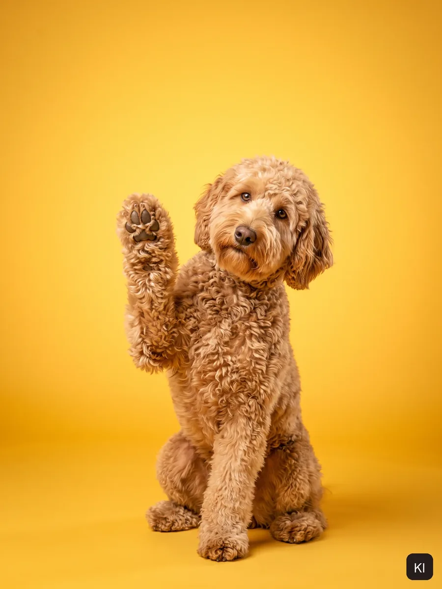KI-Bild: Goldendoodle hebt die Pfote vor gelbem Studiohintergrund