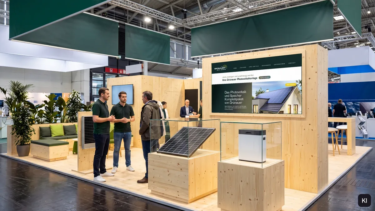 Visualisierung eines Messestands mit Modul und Speicher unter Glas und der Startseite auf der Bildschirmwand (KI-Bild mit echtem Screen)
