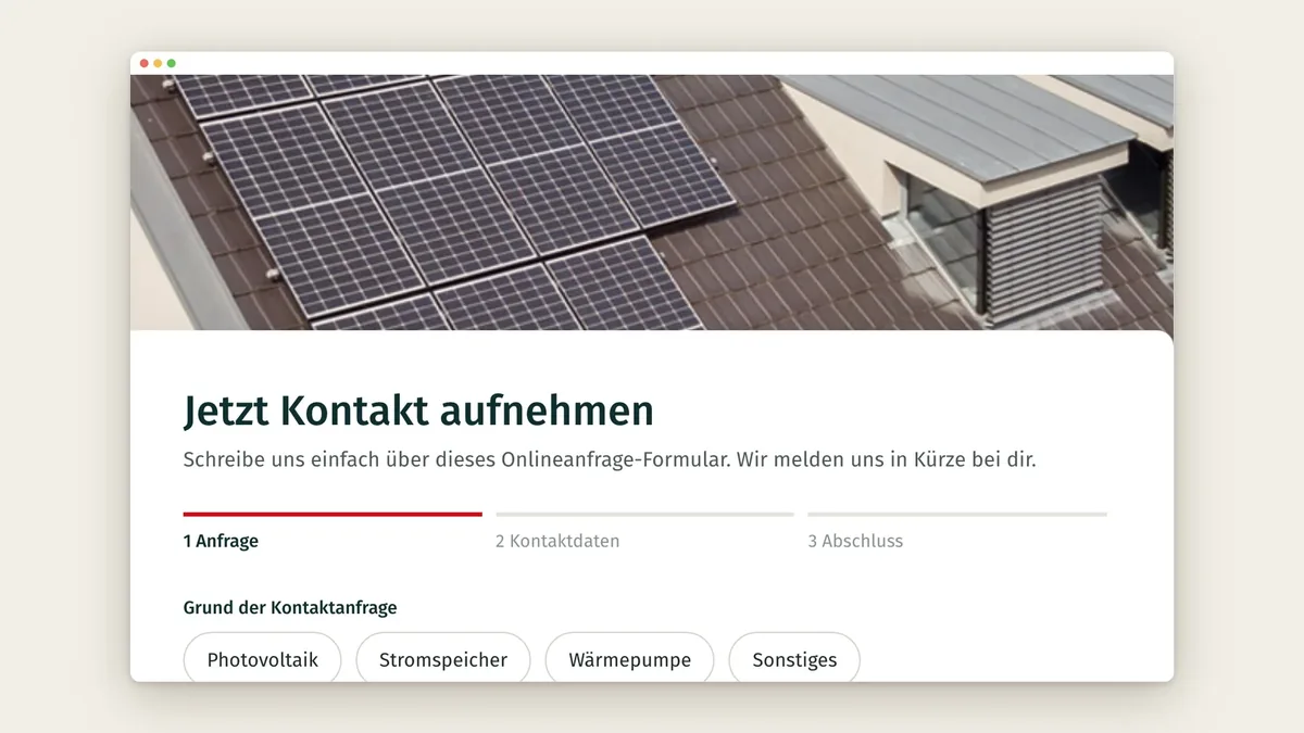 Neu gebaute Drupal Webform »Jetzt Kontakt aufnehmen« mit Schrittanzeige und Auswahl-Chips, Ausschnitt
