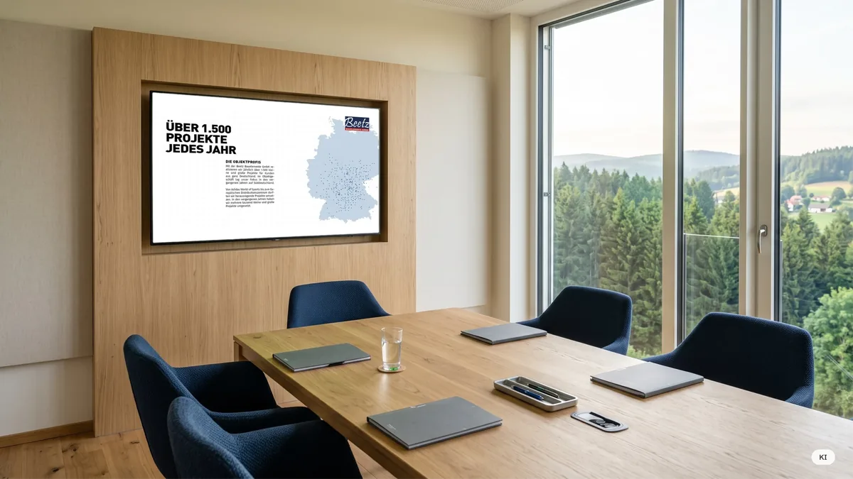 KI-Mockup: PowerPoint-Folie Über 1.500 Projekte jedes Jahr auf dem Bildschirm im Besprechungsraum