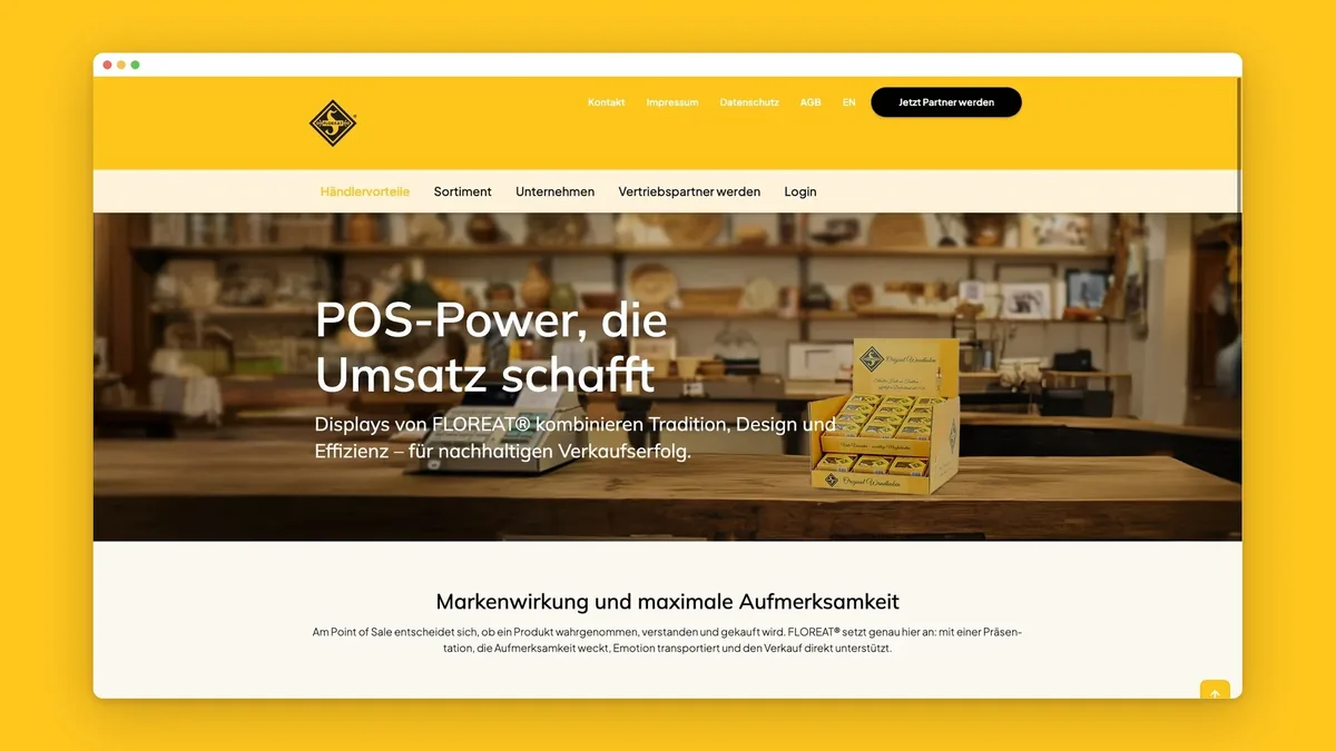 Seite POS Power auf floreat.business mit FLOREAT-Verkaufsdisplay