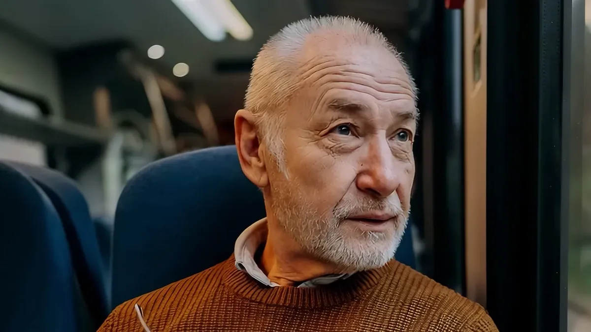 Filmstill: Fahrgast im Zug schaut aus dem Fenster
