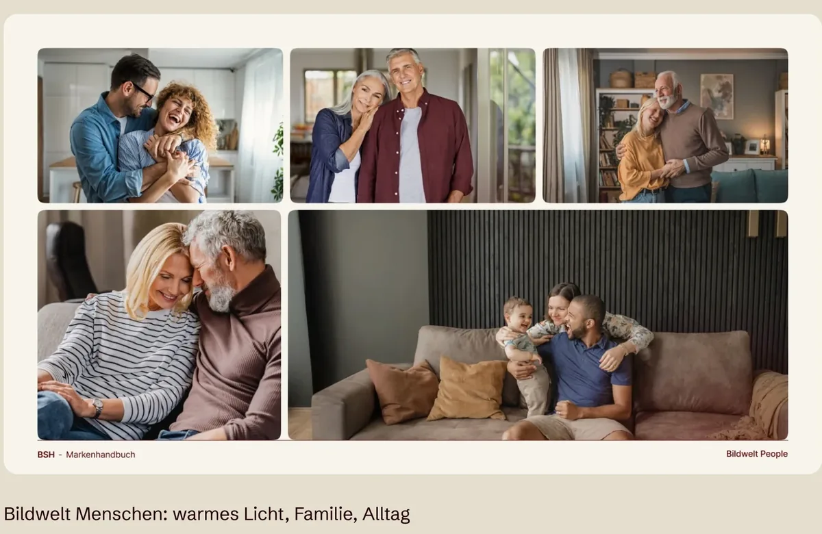 Seite aus dem BSH-Markenhandbuch: Bildwelt Menschen, warmes Licht, Familie, Alltag