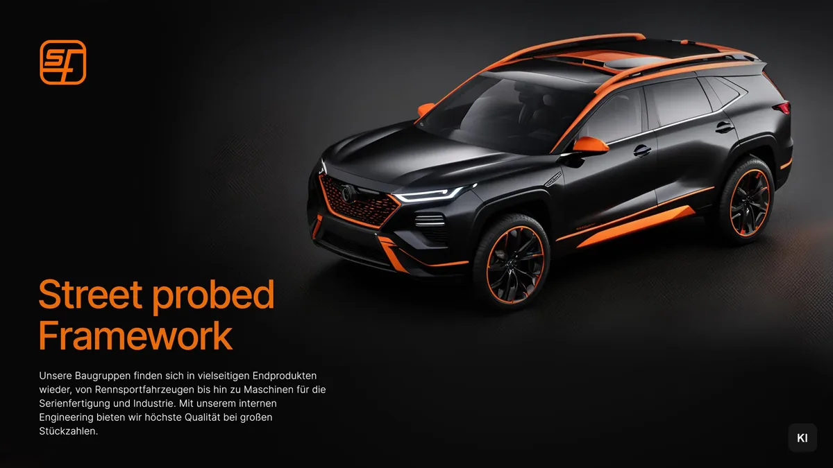 Schwarzer SUV mit orangen Akzenten, Motiv Street probed Framework (KI-Bild)