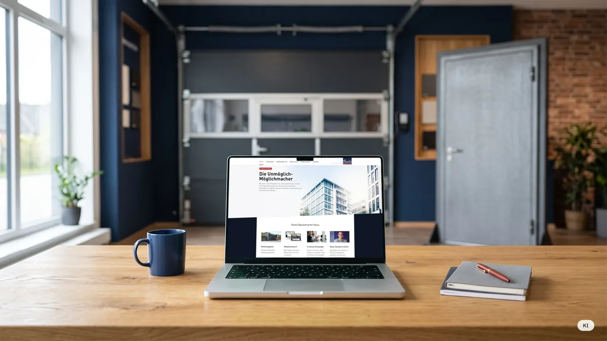 KI-Mockup: Laptop mit der Startseite beetz-bauelemente.de im Showroom, dahinter ein Sektionaltor