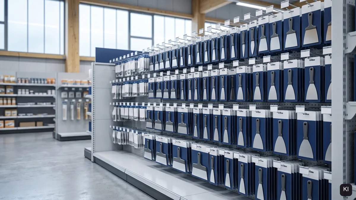 Baumarktregal mit Spachteln auf neutralen blau-weißen Blisterkarten (KI-Bild, ohne Beschriftung)