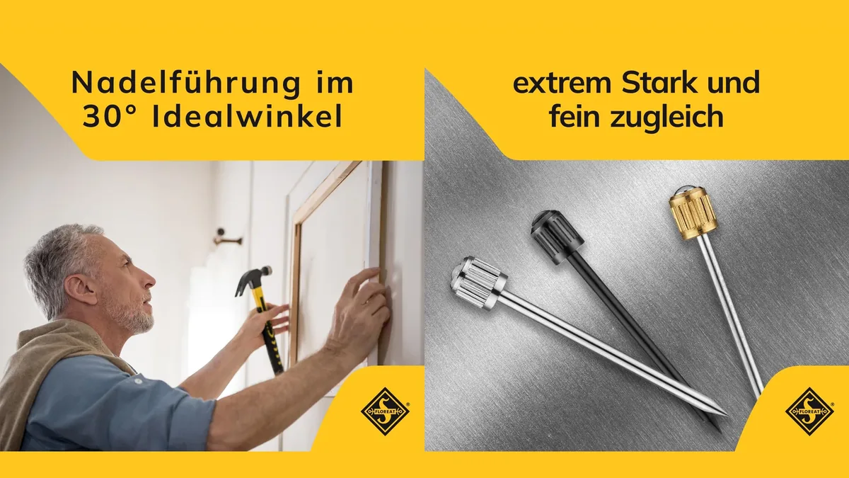 Zwei Listing-Bilder: Mann schlägt Nagel ins Bild, Nadeln mit Gravur auf Stahl