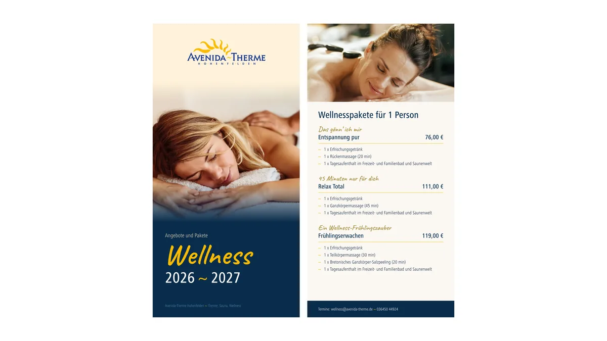 Flyer Wellness 2026/2027, Titel und Innenseite Wellnesspakete neu gestaltet