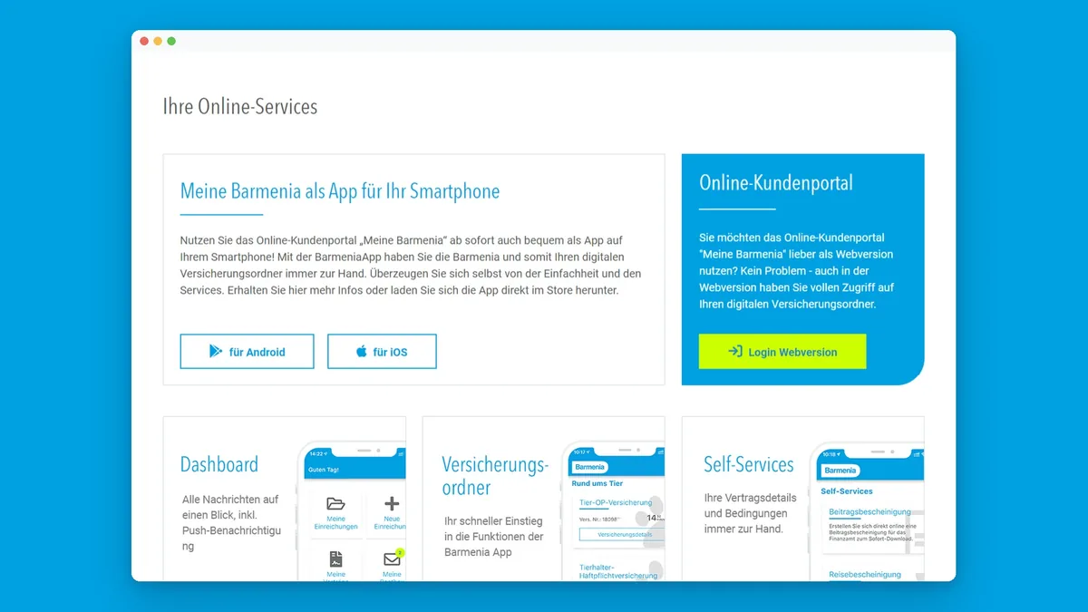 Online-Services der Welcome Page: Meine Barmenia als App, Online-Kundenportal mit Lime-Button, darunter Dashboard, Versicherungsordner und Self-Services