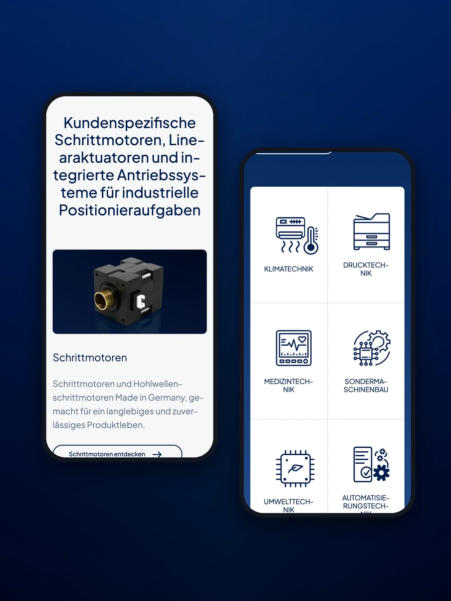 Zwei Smartphones zeigen die mobile MICROSTEP-Website mit Produkteinstieg und Branchenübersicht