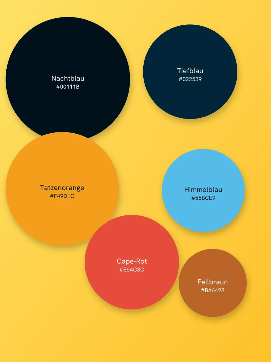 Farbtafel der Marke mit Nachtblau, Tiefblau, Tatzenorange, Himmelblau, Cape-Rot und Fellbraun