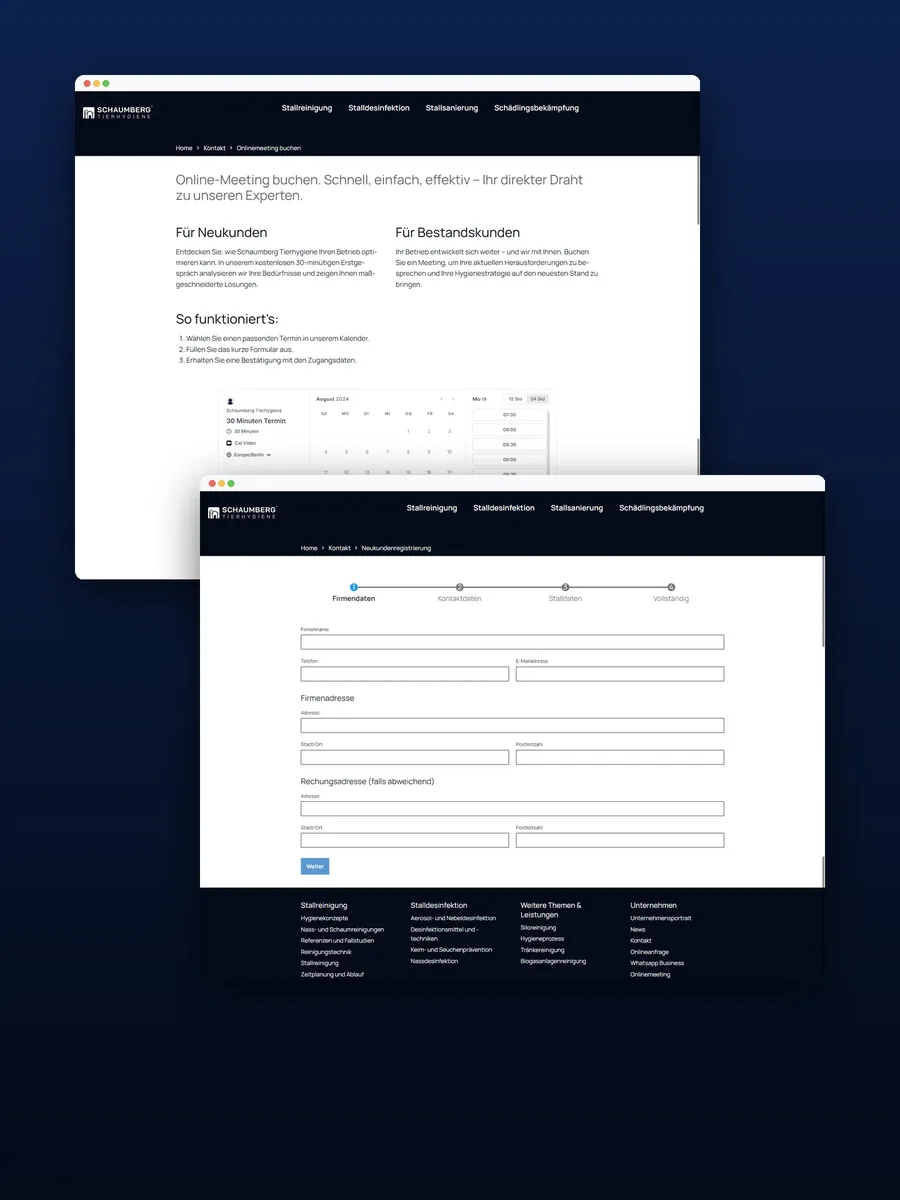 Seiten Onlinemeeting buchen und Neukundenregistrierung der Website im Browserfenster