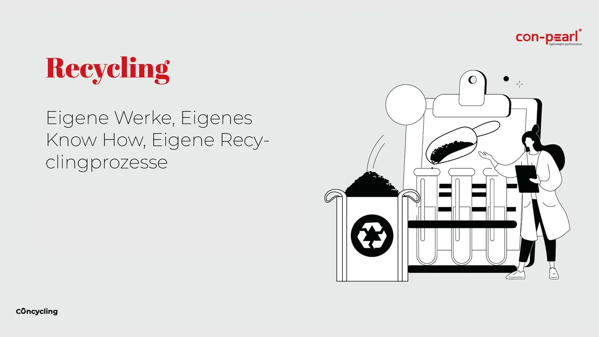Dokumentationsseite Recycling: eigene Werke, eigenes Know-how, eigene Recyclingprozesse, Strichillustration mit Granulatsack und Reagenzgläsern