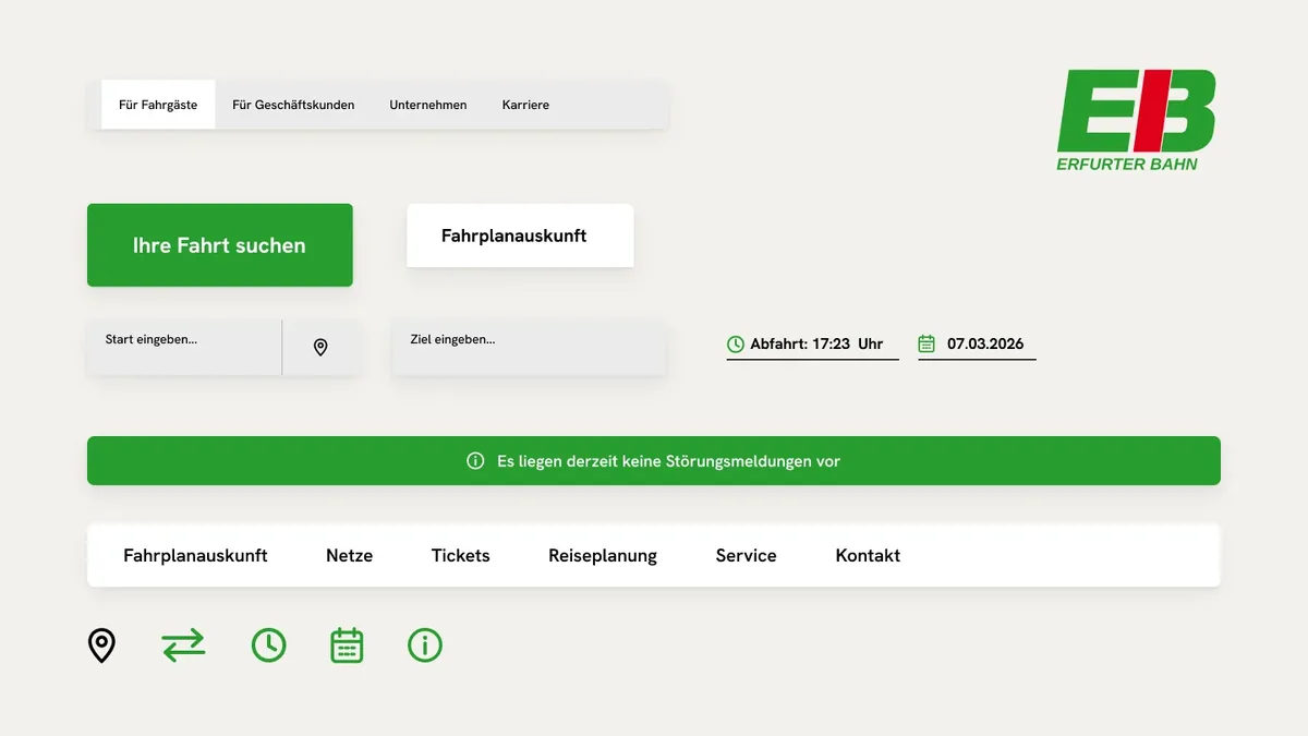 UI-Elemente: Reiter, Button Ihre Fahrt suchen, Fahrplanauskunft, Störungsbalken, Navigation, Icons