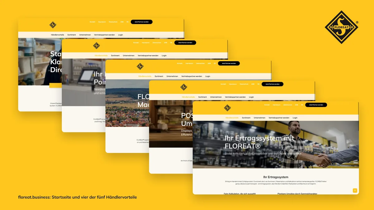 floreat.business: Startseite und Händlervorteile gestaffelt auf Gelb