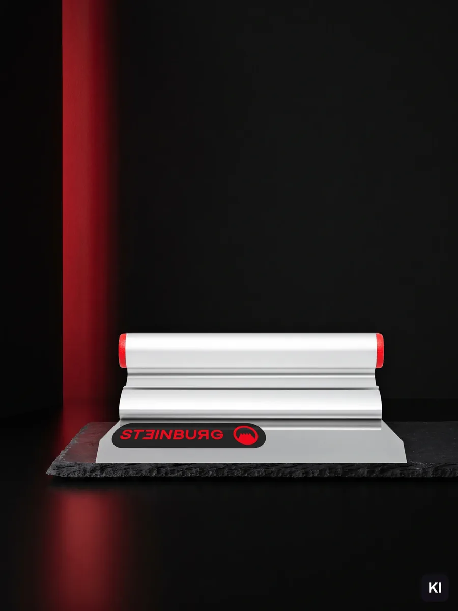 Aluminium-Flächenspachtel von STEINBURG auf einer Schieferplatte vor schwarzer Wand mit rotem Lichtband, KI-unterstützter Hintergrund, Werkzeug als echtes Freisteller-Foto