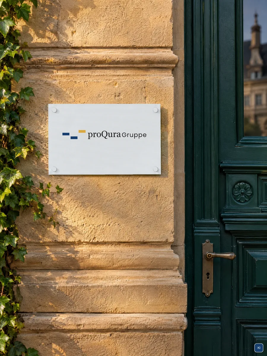 Metallschild mit dem Logo der proQura Gruppe an einer Sandsteinfassade neben einer grünen Holztür. KI-Szene, Logo eingesetzt.