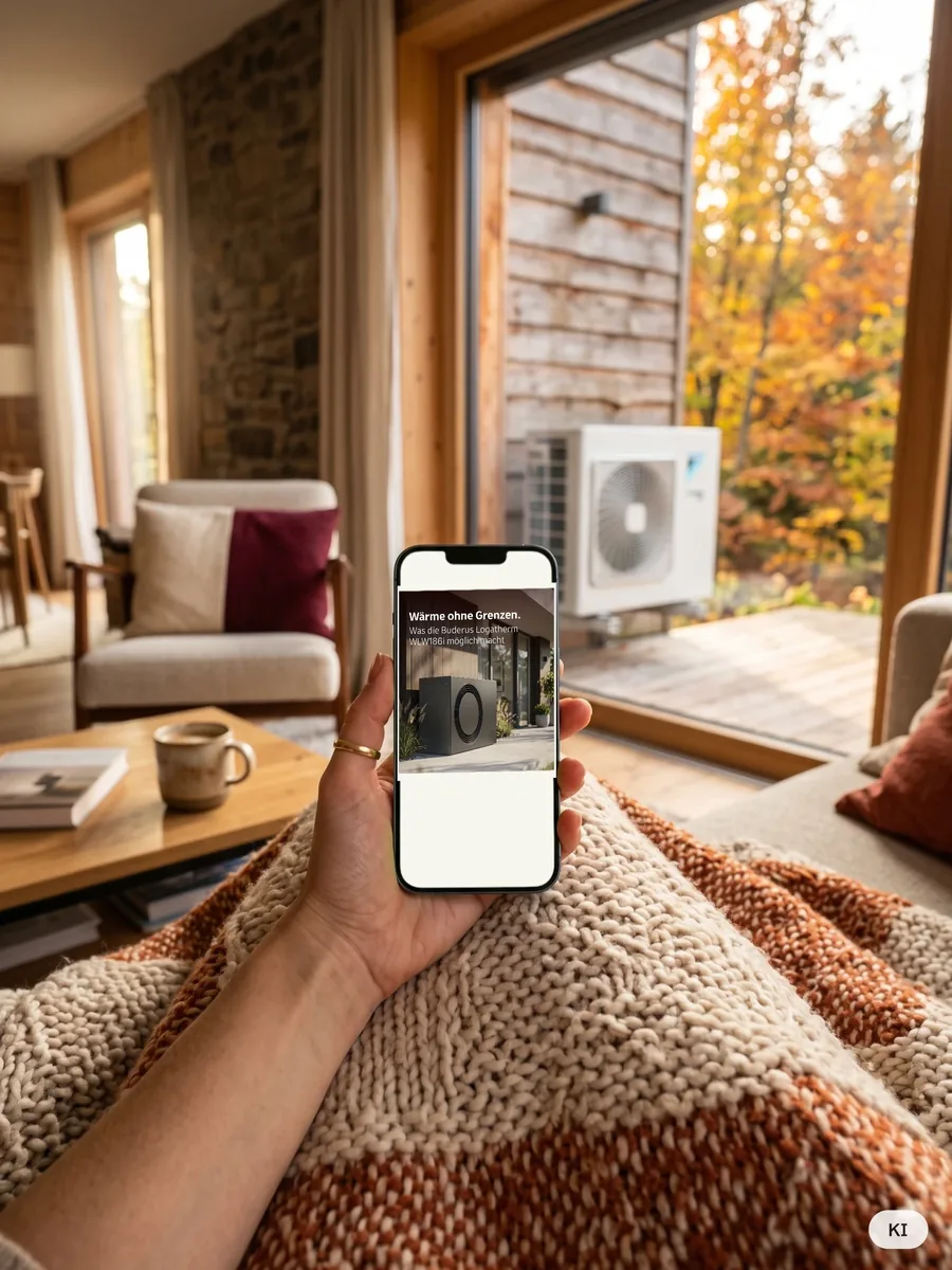 KI-Mockup: Smartphone auf dem Sofa mit einem anderen Social-Post der Kampagne («Wärme ohne Grenzen.»), im Hintergrund die Wärmepumpe auf der Terrasse; KI-unterstützt