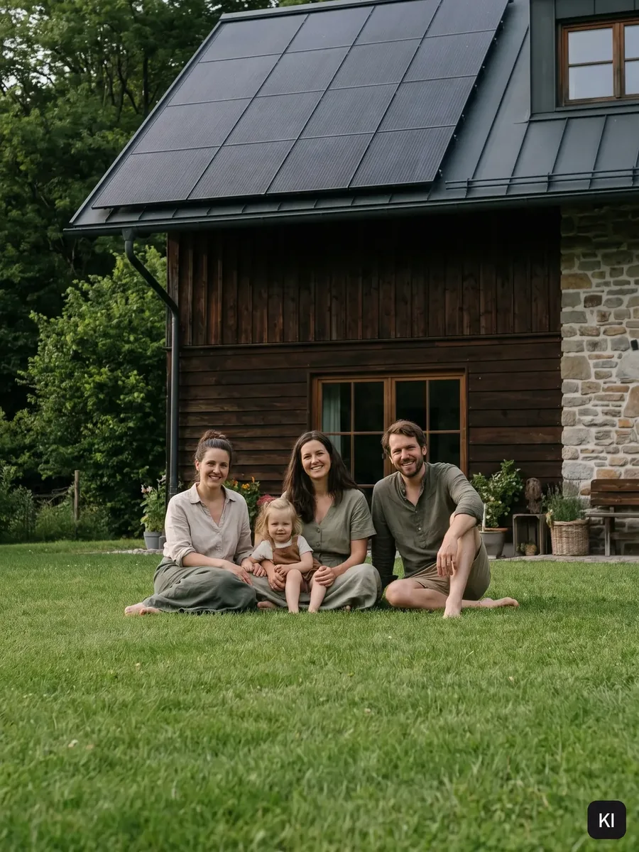 Familie sitzt auf der Wiese vor einem Holzhaus mit Photovoltaik-Dach (KI-Bild)